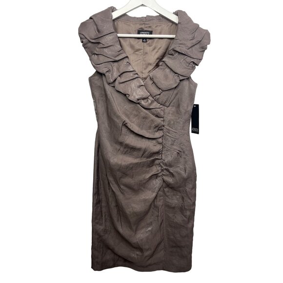 Adrianna Papell Taupe Ruffled Sleeveless Cocktail Dress Size 8 M Ruched Brown - Picture 1 of 12